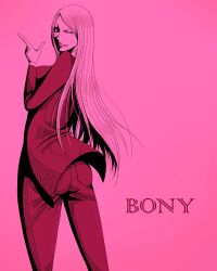  back character_name color_background female female formal jewelry_bonney lipstick long_hair makeup monochrome one_piece over_shoulder pants piercing pink pink_background pink_hair solo standing suit text wink 