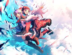  2girls above_clouds animal_ears arm_at_side bad_link blue_sky boots brown_dress brown_eyes brown_socks cloud dress eho_(icbm) falling_feathers feathers flying hat head_wings horns knee_boots kneehighs multicolored_hair multiple_girls mystia_lorelei neckerchief open_mouth outstretched_arm pink_hair pointing purple_hair red_neckerchief red_wings shirt shoes short_hair single_head_wing skirt sky smile socks tokiko_(touhou) touhou two-tone_hair white_wings winged_hat wings 