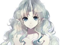  bare_shoulders blue_eyes collarbone commentary_request dj.adonis female grey_hair highres long_hair looking_at_viewer original personification pointy_ears portrait simple_background solo unicorn unicorn_girl white_background 