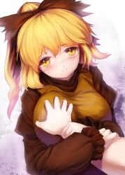  1boy blonde_hair blush bow breasts commentary_request female grabbing grabbing_another&#039;s_breast guided_breast_grab guiding_hand hairbow kurodani_yamame large_breasts out_of_frame pov pov_hands sakimori_dan short_hair smile solo_focus straight touhou yellow_eyes 