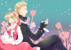  1boy axis_powers_hetalia bad_id bad_pixiv_id belgium_(hetalia) bird blonde_hair breasts brother_and_sister chii-k dress duck female fingerless_gloves flower gloves green_eyes hair_ribbon hairband medium_breasts netherlands_(hetalia) pink_hairband ribbon scarf siblings smile star_(symbol) tulip 