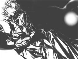  1boy cassock cheekbones commentary_request cross cross_necklace fate/stay_night fate_(series) greyscale jewelry kotomine_kirei male_focus monochrome necklace own_hands_clasped own_hands_together photoshop_(medium) shaliva 