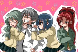  1boy 3girls clenched_teeth closed_eyes commentary_request crossed_arms food kamijou_kyousuke long_hair mahou_shoujo_madoka_magica mahou_shoujo_madoka_magica_(anime) maru_(092102040413) miki_sayaka mitakihara_school_uniform multiple_girls pocky sakura_kyoko school_uniform shizuki_hitomi short_hair skirt star_(symbol) teeth 