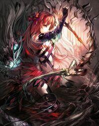  black_thighhighs commentary_request cybele_(lord_of_vermilion) elbow_gloves female fingerless_gloves flower fumo gloves hair_flower hair_ornament knife long_hair lord_of_vermilion red_eyes red_hair solo thighhighs 