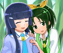  2girls aoki_reika bad_id bad_pixiv_id blue_hair blue_necktie blush closed_eyes green_eyes green_hair green_necktie hand_on_another&#039;s_shoulder long_hair midorikawa_nao mitsuya_(okiagari) multiple_girls nanairogaoka_middle_school_uniform necktie open_mouth ponytail precure school_uniform short_hair smile smile_precure tears 