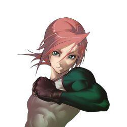  1boy fingerless_gloves gloves green_eyes hinukan_kou male_focus muscular official_art pink_hair profile raglan_sleeves solo tomoyuki_kotani transparent_background yatagarasu_(game) 