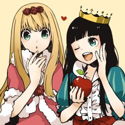  2girls :o apple aqua_eyes black_hair blonde_hair buzz_(moi) commentary_request crown dornroschen flower food fruit fur_trim hair_flower hair_ornament heart holding long_hair lowres maerchen_(sound_horizon) multiple_girls one_eye_closed open_mouth puffy_sleeves red_flower red_rose rose schneewittchen simple_background smile sound_horizon upper_body yellow_background 