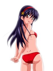  asamiya_athena ass bikini black_hair brown_eyes commentary_request female from_behind hair_ornament hairband inferno_(nanbu14) looking_back red_bikini red_hairband solo star_(symbol) star_hair_ornament swimsuit the_king_of_fighters 