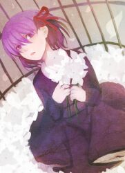  aged_down commentary_request dress fate/zero fate_(series) female fenni flower hair_ribbon lolicon matou_sakura purple_eyes purple_hair ribbon short_hair 