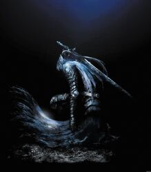  1boy absurdres armor artorias_the_abysswalker cape damaged dark dark_souls from_software full_armor helmet highres huge_weapon knight official_art solo souls_(from_software) sword torn_cape weapon 