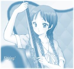  akiyama_mio bad_id bad_pixiv_id bass_guitar black_hair blue_theme bluez braid female hair_over_shoulder hime_cut instrument k-on! k-on!_movie long_hair monochrome singing!_(k-on!) solo twin_braids 