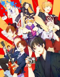  6+boys :d ;d ahoge alternate_costume america_(hetalia) angry animal_hat ano_hi_mita_hana_no_namae_wo_bokutachi_wa_mada_shiranai. axis_powers_hetalia azumanga_daiou bad_id bad_pixiv_id bird black_hair black_rock_shooter black_rock_shooter_(character) black_rock_shooter_(character)_(cosplay) blazer blonde_hair blue_eyes book bow brown_eyes brown_hair camera china_(hetalia) cloak closed_eyes cosplay crossdressing dress elbow_gloves embarrassed food fujiwara_no_mokou fujiwara_no_mokou_(cosplay) germany_(hetalia) gloves grin guitar hair_ornament hairbow hairclip hat highres hirasawa_yui hirasawa_yui_(cosplay) honma_meiko honma_meiko_(cosplay) instrument jacket japan_(hetalia) japanese_clothes k-on! kimono long_hair mahou_shoujo_madoka_magica mahou_shoujo_madoka_magica_(anime) male_focus mawaru_penguindrum mochi multiple_boys northern_italy_(hetalia) one_eye_closed open_mouth pochi_(hetalia) pocky polearm princess_of_the_crystal princess_of_the_crystal_(cosplay) prussia_(hetalia) ribbon sakura_kyoko sakura_kyoko_(cosplay) sakura_kyoko_(magical_girl) sakuragaoka_high_school_uniform school_uniform skirt smile southern_italy_(hetalia) spain_(hetalia) spear suspenders touhou twintails united_kingdom_(hetalia) wagashi wand weapon white_dress white_hair yukata zat_(sichu) 