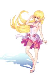  apron backless_dress backless_outfit bad_id bad_pixiv_id bakemonogatari bare_arms bare_legs bare_shoulders blonde_hair collarbone dress eyebrows_hidden_by_hair female frilled_skirt frills gonster grin halter_dress halterneck legs long_hair long_legs looking_at_viewer monogatari_(series) nisemonogatari oerba_yun_fang oshino_shinobu photoshop_(medium) sandals shadow skirt smile solo very_long_hair yellow_eyes 