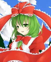  bad_id bad_pixiv_id bow colorized female frills front_ponytail green_eyes green_hair hair_ribbon hairbow kagiyama_hina nanairo_neru ribbon smile solo touhou tsukioka_shien 