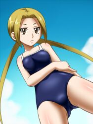  awa blonde_hair brown_eyes female from_below hagimura_suzu long_hair one-piece_swimsuit seitokai_yakuindomo sky solo swimsuit twintails 