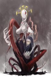  black_sclera bone claws colored_sclera commentary_request double_(skullgirls) dual_persona female gokotan headdress intestines monster nun red_eyes skullgirls teeth traditional_nun transformation 