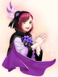  blush cape commentary_request female green_eyes hat hosokawa_gracia_(sengoku_musou) photoshop_(medium) pink_hair purple_hair red_hair sengoku_musou sengoku_musou_2 short_hair solo ssnaki 