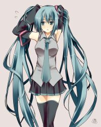  2012 adjusting_hair aqua_eyes aqua_hair arms_up bad_id bad_pixiv_id detached_sleeves female hatsune_miku long_hair mizuki_hau necktie photoshop_(medium) simple_background skirt solo thighhighs twintails very_long_hair vocaloid 