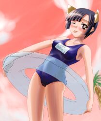  ;p animal_ears black_hair blush breasts cat_ears commentary_request female innertube kugimiya_madoka mahou_sensei_negima! medium_breasts one_eye_closed photoshop_(medium) red_sky school_swimsuit short_hair sky solo suisei_yui swim_ring swimsuit tongue tongue_out 