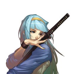  blue_eyes blue_hair eyelashes female hairband jacket katana long_hair official_art profile sheath sheathed shimo_(yatagarasu) sleeves_pushed_up sleeves_rolled_up solo sword tomoyuki_kotani track_jacket transparent_background weapon wristband yatagarasu_(game) 