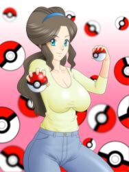  blue_eyes breasts brown_hair cleavage female looking_at_viewer milf mother_(pokemon) mother_bw_(pokemon) poke_ball pokeball pokemon pokemon_(game) pokemon_bw ponytail 