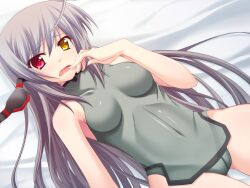  :o ahoge bad_id bad_pixiv_id bare_shoulders bed_sheet blush breasts cameltoe commentary_request covered_navel cowboy_shot dutch_angle eyepatch female from_above grey_hair grey_leotard halterneck hand_to_own_mouth heterochromia infinite_stratos laura_bodewig leotard long_hair lying macchi_bou on_back on_bed open_mouth pelvic_curtain photoshop_(medium) pilot_suit raised_eyebrows red_eyes skin_tight small_breasts solo turtleneck unworn_eyepatch very_long_hair yellow_eyes 