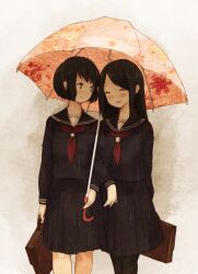  2girls bag black_eyes black_hair black_legwear closed_eyes commentary_request locked_arms long_hair multiple_girls open_mouth original pantyhose satchel school_bag school_uniform serafuku shared_umbrella short_hair skirt smile umbrella urin 