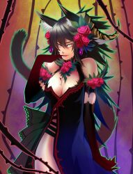  animal_ears bad_id bad_pixiv_id black_hair blood breasts cat_ears cat_tail cleavage elbow_gloves female flower gloves hair_flower hair_ornament koga_(yamazaki) large_breasts long_hair original rose slit_pupils solo tail 