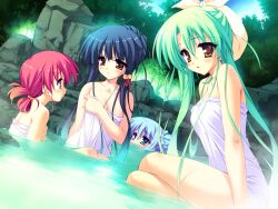  4girls akisato_manaka aqua_eyes aqua_hair bell blue_hair breasts cleavage crossed_legs forest game_cg green_hair hair_bell hair_ornament hair_up katsuragi_kotori long_hair medium_breasts midorikawa_yuu multiple_girls munyuu naked_towel nature onsen orange_eyes purely_(game) red_eyes rock same-sex_bathing shared_bathing shizukuiro_tsumugi sitting small_breasts towel tree 