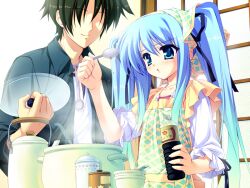  1boy apron aqua_eyes aqua_hair bottle cooking cooking_pot faceless faceless_male female game_cg hair_ribbon head_scarf katsuragi_kotori long_hair munyuu purely_(game) ribbon soy_sauce soy_sauce_bottle spoon twintails water_bottle 