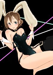  :p animal_ears blush breasts brown_hair choker cleavage commentary_request female green_eyes medium_breasts no_panties original rabbit_ears single_thighhigh solo thighhighs tongue tongue_out wadapen 