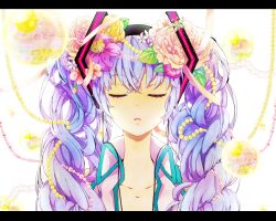  beamed_sixteenth_notes closed_eyes collarbone commentary_request dotted_quarter_note eighth_note facing_viewer female flower gari_(apollonica) hair_flower hair_ornament half_note hatsune_miku highres letterboxed long_hair musical_note neck parted_lips purple_hair quarter_note sheet_music solo twintails vocaloid 