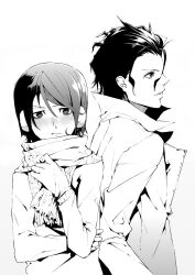  2boys ahoge androgynous bad_id bad_pixiv_id blush casual coat diarmuid_ua_duibhne_(lancer)_(fate) fate/zero fate_(series) greyscale male_focus mole mole_under_eye monochrome multiple_boys scarf snot usui_ryuu waver_velvet white_background 