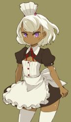  apron dark-skinned_female dark_skin female flat_chest highres maid mota original purple_eyes short_hair simple_background solo thighhighs white_hair white_thighhighs zettai_ryouiki 