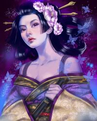  bad_id bad_pixiv_id bare_shoulders black_hair breasts bug bushin_renkei_zero butterfly cleavage collarbone female flower hair_flower hair_ornament hair_rings hair_stick hoshi_shinjyu japanese_clothes lips long_hair photoshop_(medium) purple_eyes realistic small_breasts solo upper_body 