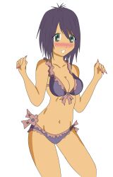  ???? ????? ??????????? absurdres beach bikini blue_eyes blush dress highres katia_anderson level-5 level_5 pink_bikini professor_layton purple_hair short_hair solo swimsuit water 