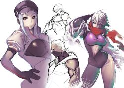  2girls asymmetrical_clothes asymmetrical_legwear azure_(yatagarasu) bad_id bad_pixiv_id bodysuit breasts center_opening collage commentary_request concept_art elbow_gloves gloves green_eyes hand_on_own_hip hat hattori_hanzo_uruka heterochromia large_breasts multiple_girls muscular nene_(yatagarasu) ninja photoshop_(medium) red_eyes scarf silver_hair tomoyuki_kotani uneven_legwear yatagarasu_(game) 