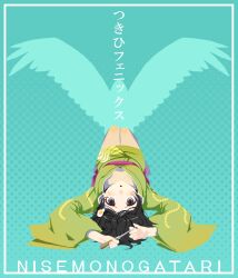  araragi_tsukihi commentary_request egg_hair_ornament female food-themed_hair_ornament green_kimono hair_ornament japanese_clothes kimono lying monogatari_(series) nisemonogatari orange_cassis photoshop_(medium) solo wings 