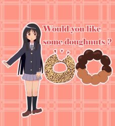  akiyama_mio black_eyes black_hair breasts commentary_request doughnut female food hime_cut k-on! long_hair photoshop_(medium) sakuragaoka_high_school_uniform school_uniform small_breasts solo tyranu uniform 