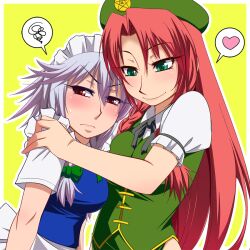  2girls annoyed aqua_eyes bad_id bad_pixiv_id beret blush bow braid breasts chinese_clothes commentary_request frown green_eyes hair_between_eyes hairbow hand_on_another&#039;s_shoulder hat hayashi_custom heart hong_meiling izayoi_sakuya light_purple_hair long_hair looking_away maid_headdress medium_breasts multiple_girls neck_ribbon nervous photoshop_(medium) red_eyes red_hair ribbon short_hair short_sleeves simple_background smile spoken_heart spoken_squiggle squiggle touhou twin_braids upper_body very_long_hair yellow_background 