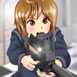  brown_eyes brown_hair bullpup gun gunslinger_girl henrietta p90 school_uniform short_hair submachine_gun weapon 