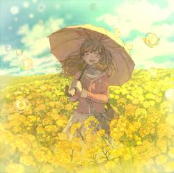  :d ^_^ bad_id bad_pixiv_id bag blurry blush brown_hair bubble closed_eyes cloud depth_of_field female field flower flower_field happy holding open_mouth original outdoors parasol pon_(cielo) rapeseed_blossoms shade skirt sky smile solo teeth umbrella water_drop wind yellow_theme yellow_umbrella 