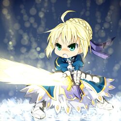  :o ahoge armor armored_dress artoria_pendragon_(fate) blonde_hair chibi commentary_request dress excalibur_(fate/stay_night) fate/zero fate_(series) female gauntlets glowing glowing_sword glowing_weapon green_eyes hair_ribbon light_particles noble_phantasm_(fate) ribbon saber_(fate) solo sword wabi_(wbsk) weapon 