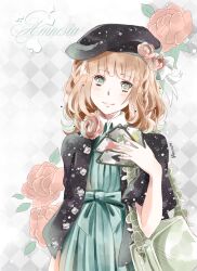  ace_(playing_card) ace_of_clubs ace_of_diamonds ace_of_hearts ace_of_spades amnesia_(idea_factory) argyle_background bad_id bad_pixiv_id brown_hair card club_(shape) copyright_name diamond_(shape) dress female flower green_eyes hat heart heroine_(amnesia) hetiru highres photoshop_(medium) pink_flower pink_rose playing_card rose short_hair smile solo spade_(shape) 