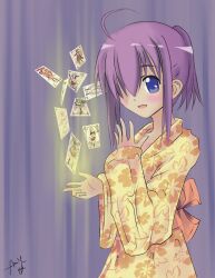  advarcher ahoge bad_id bad_pixiv_id blue_eyes blush card female hair_over_one_eye japanese_clothes kimono mahou_sensei_negima! miyazaki_nodoka obi pactio purple_hair sash short_ponytail signature solo yellow_kimono 