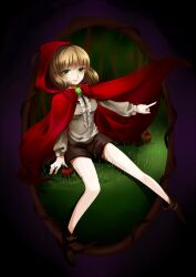  apple bad_id bad_pixiv_id blonde_hair female food fruit green_eyes hazuki_natsu hood original pointing sitting solo 