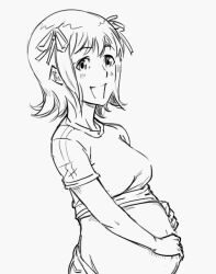  amami_haruka bad_id bb_(baalbuddy) blush breasts female greyscale hair_ribbon hands_on_stomach idolmaster idolmaster_(classic) inactive_account large_breasts md5_mismatch monochrome photoshop_(medium) pregnant ribbon shirt short_hair smile solo t-shirt 