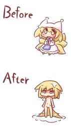  animal_ears before_and_after blonde_hair blush chibi dress female fox_ears fox_tail hat maitora multiple_tails multiple_views nude open_mouth photoshop_(medium) tail touhou wet yakumo_ran yellow_eyes 