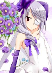  bad_id bad_pixiv_id bare_shoulders bouquet bow commentary_request dress elbow_gloves eyepatch female flower gloves grey_hair infinite_stratos laura_bodewig petals photoshop_(medium) red_eyes solo white_dress yamaki_suzu 