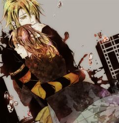  1boy 2k25 amnesia_(idea_factory) bad_id bad_pixiv_id blonde_hair brown_hair coat comforting couple female grey_background hand_on_head head_rest heroine_(amnesia) hug short_hair straight tears toma_(amnesia) yellow_eyes 